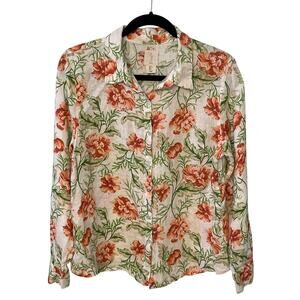 Joie Floral Linen Long Sleeve Top Shirt Blouse Orange Green L Garden